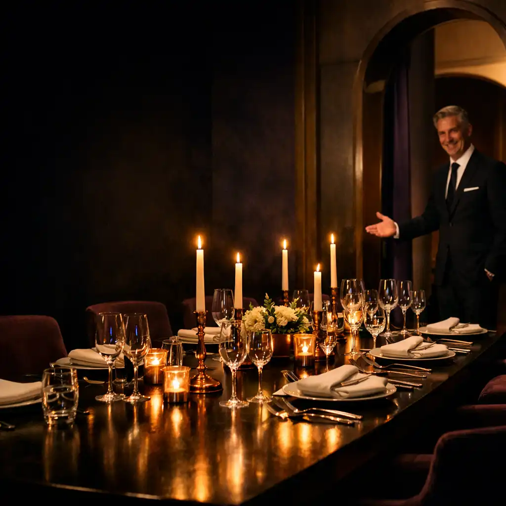 Kerzenbeleuchteter privater Dining-Raum mit gedeckter langer Tafel und Host an einem architektonischen Durchgang.