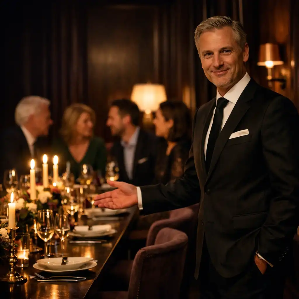 Professioneller Host begrüßt Gäste an einer gedeckten Tafel in einem privaten Dining-Salon.