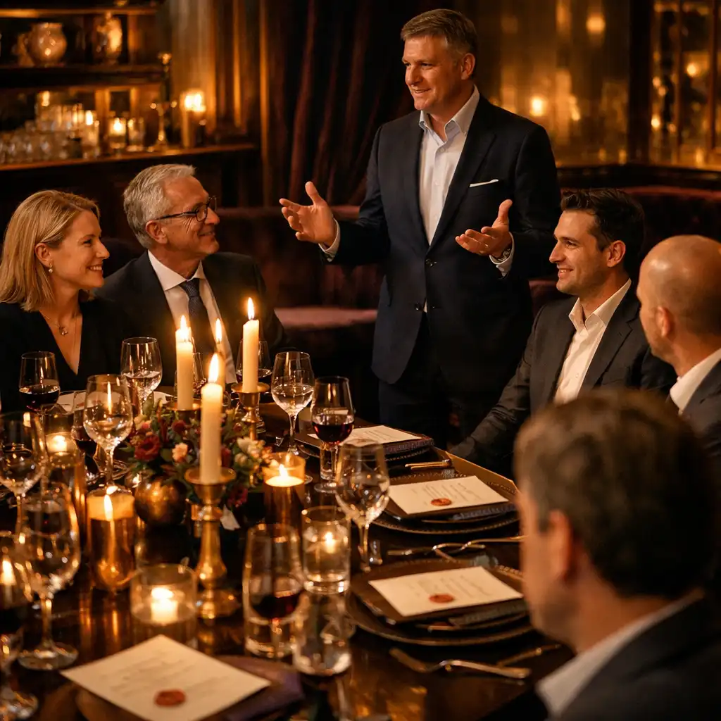 Kolleginnen und Kollegen erleben einen stilvoll gestalteten Teamabend an einer warm beleuchteten Tafel
