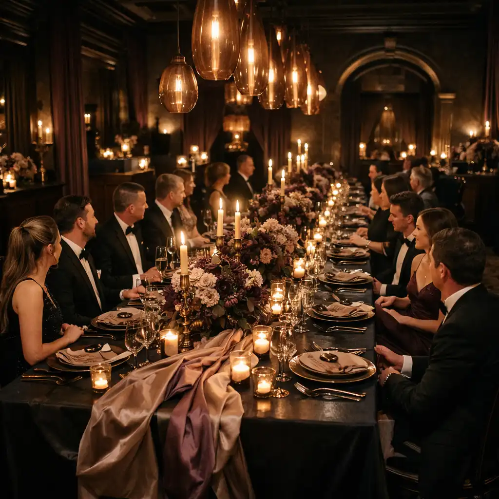 Lange festlich gedeckte Tafel in einem dunkel inszenierten privaten Dining-Raum.