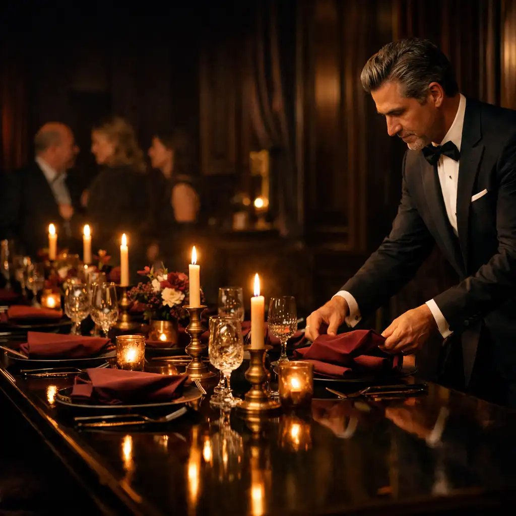 Lange gedeckte Dinner-Tafel mit Kerzenlicht und Host in einem dunklen Salon