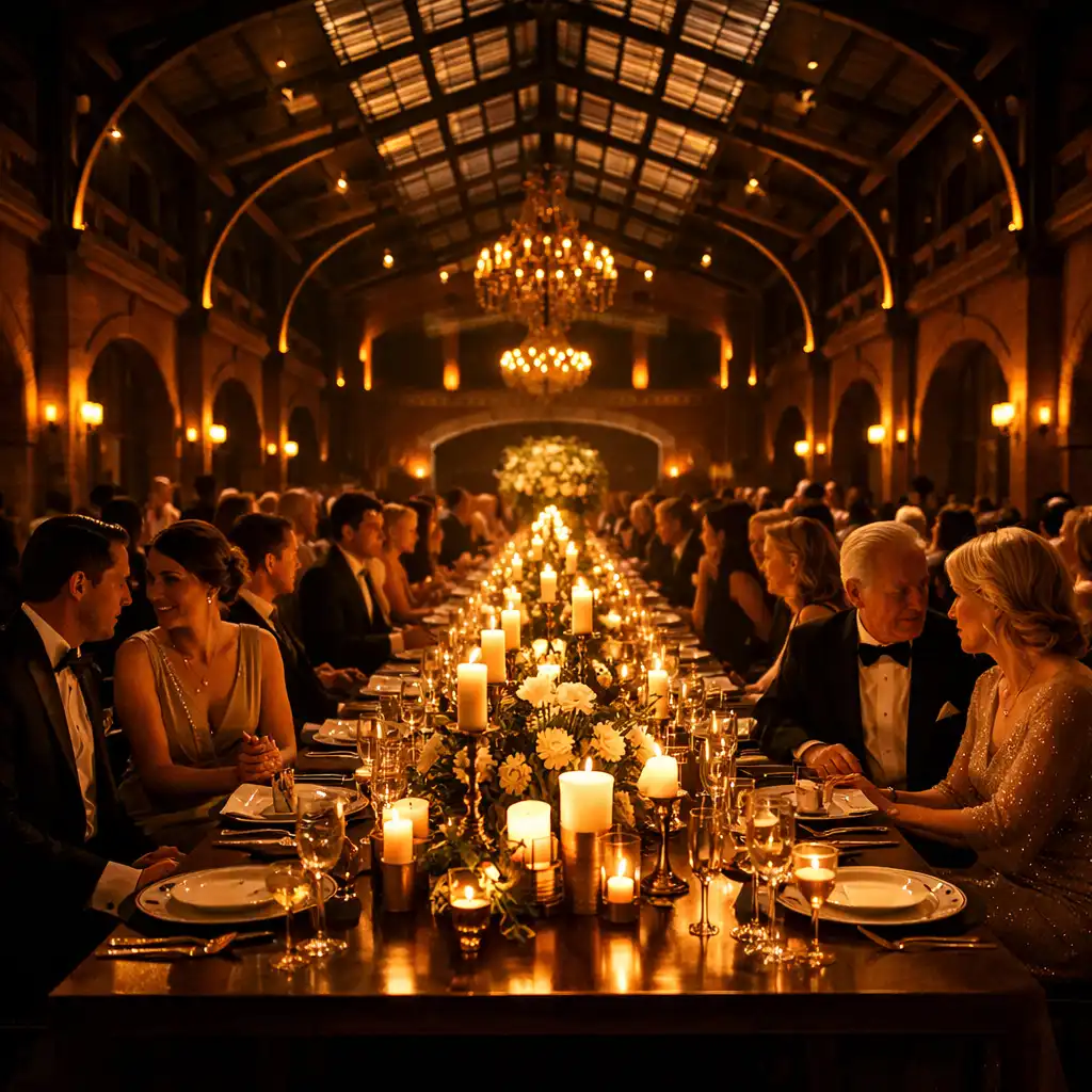 Warm beleuchtete Gala-Tafel mit Gästen in einer architektonischen Eventlocation