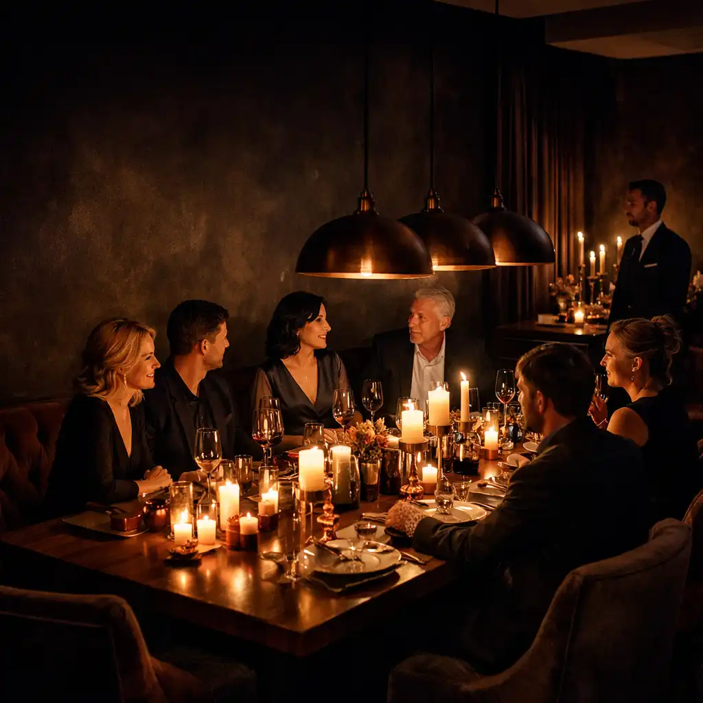Gäste an einer warm beleuchteten Tafel in einem privaten Restaurantbereich