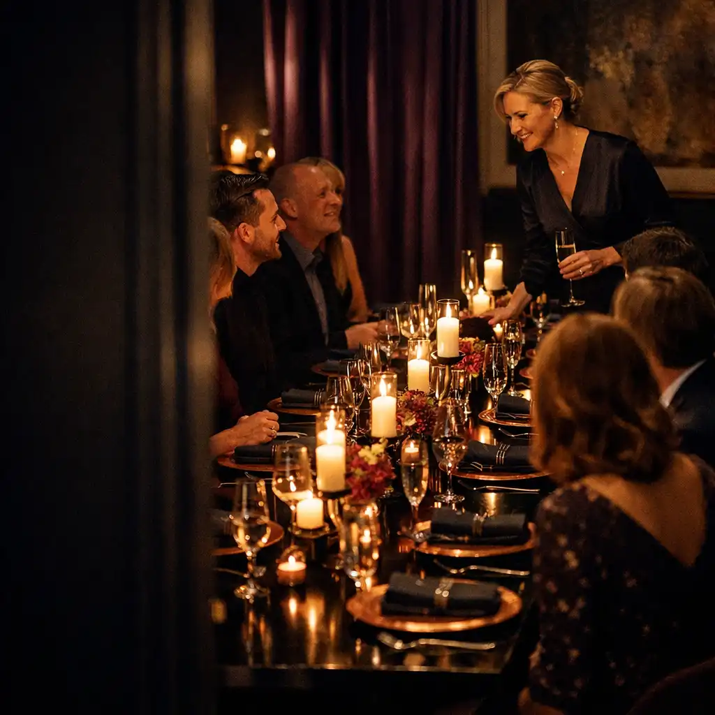 Kerzenbeleuchtetes privates Dinner mit langer Tafel und professionellem Host in Berlin