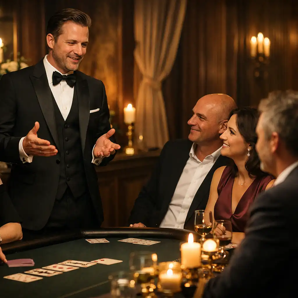 Host begleitet Kolleginnen und Kollegen bei einer sozialen Offline-Poker-Unterhaltung in einem privaten Dining-Raum