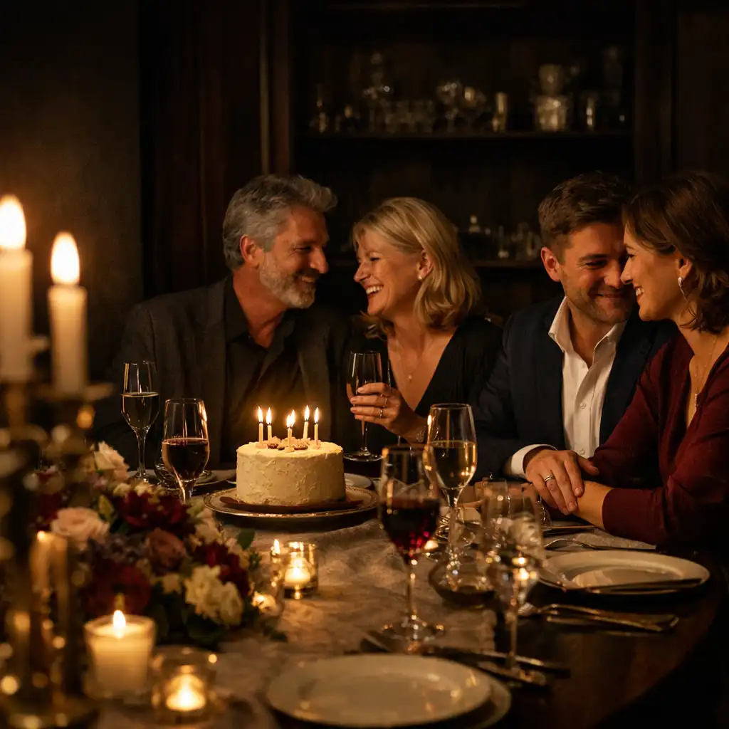 Gäste feiern ein Jubiläum an einer warm beleuchteten, sorgfältig gestalteten Tafel.