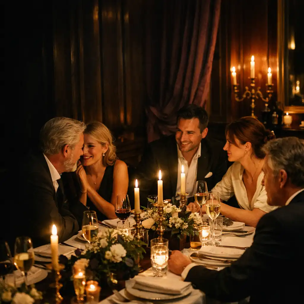 Gäste an einem kerzenbeleuchteten Tisch bei einem privaten Dinner in einem eleganten Salon
