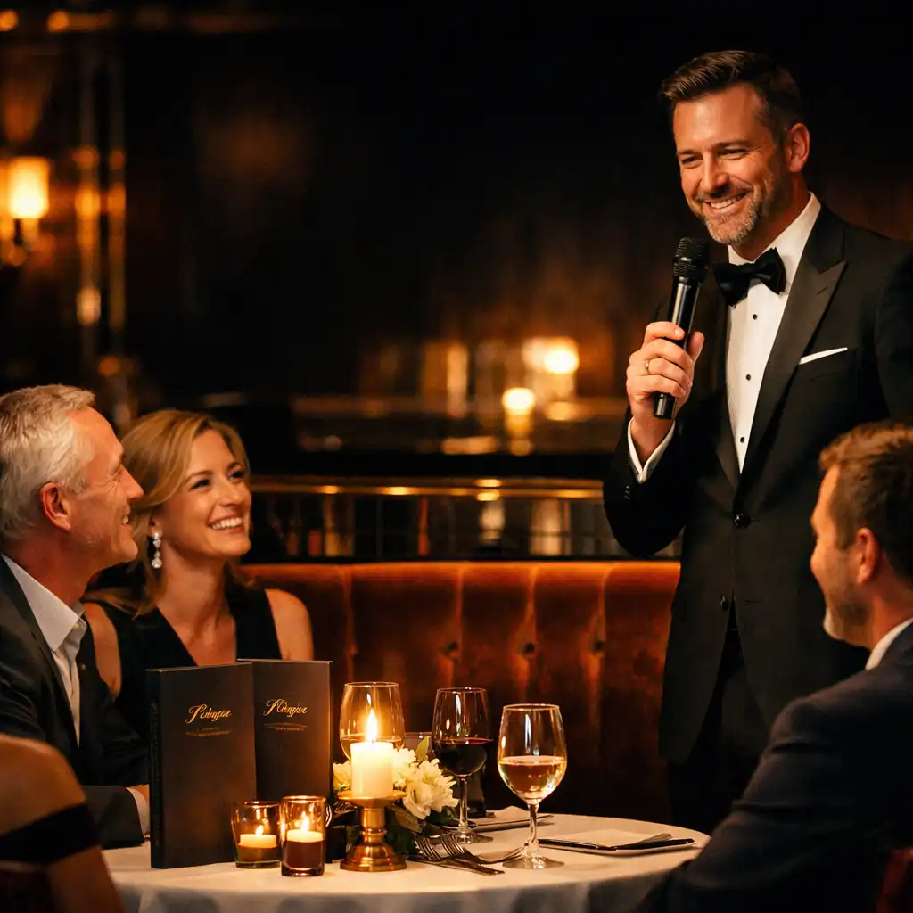 Host begleitet Gäste in einem candlelit Restaurantsalon mit gedeckten Tischen.