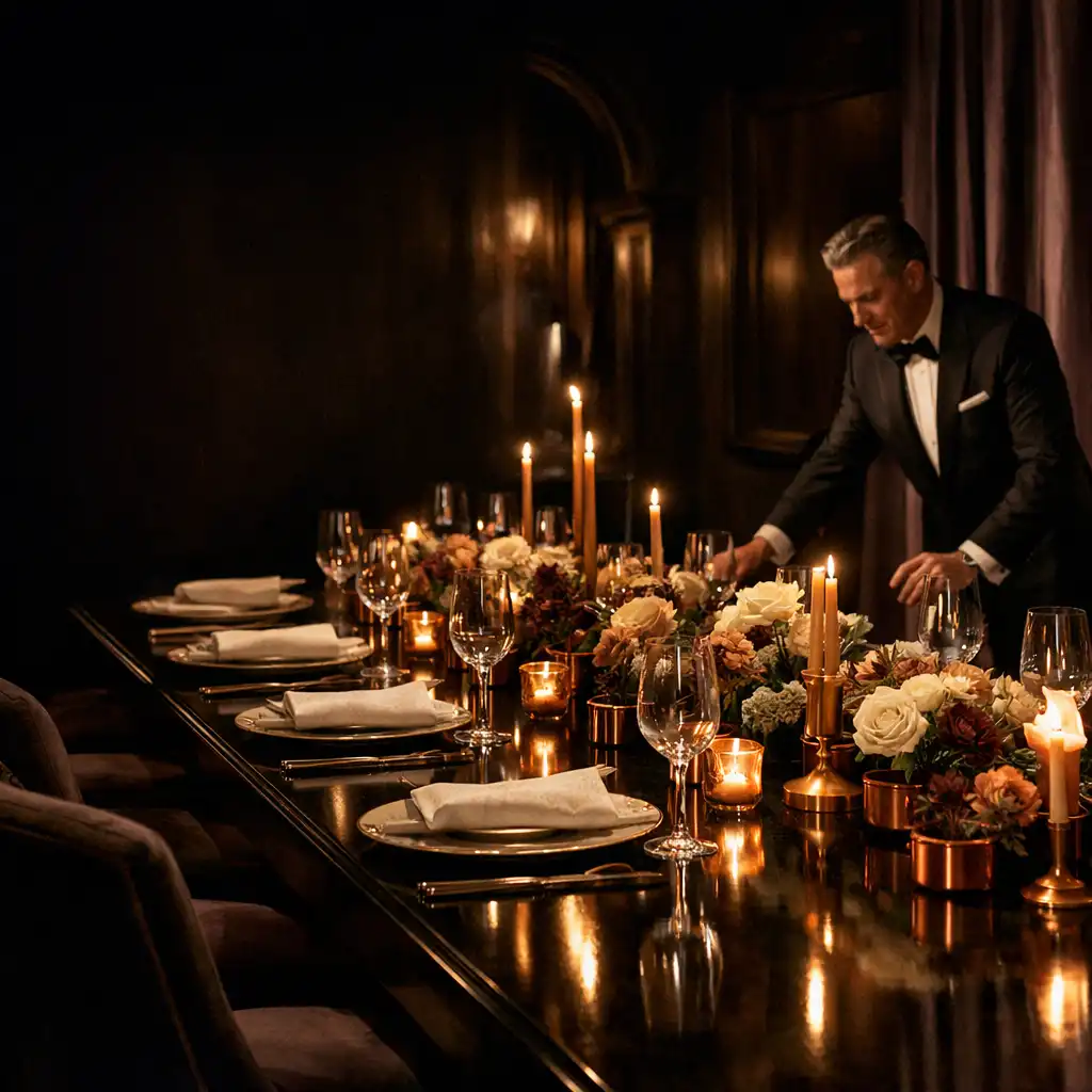 Vorbereitete lange Tafel mit Kerzenlicht und Host in einem privaten Salon