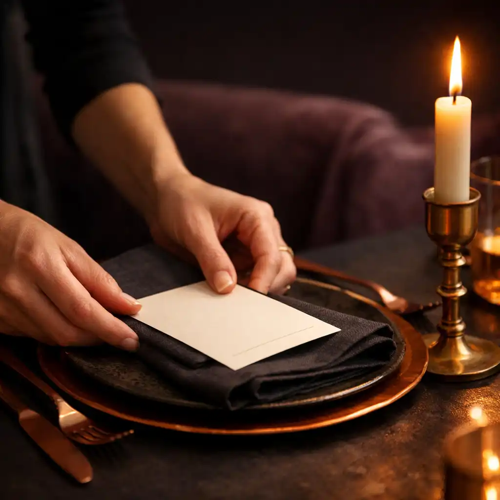 Hände arrangieren eine Menükarte, dunkles Leinen und Kerzenlicht auf einer gedeckten Tafel