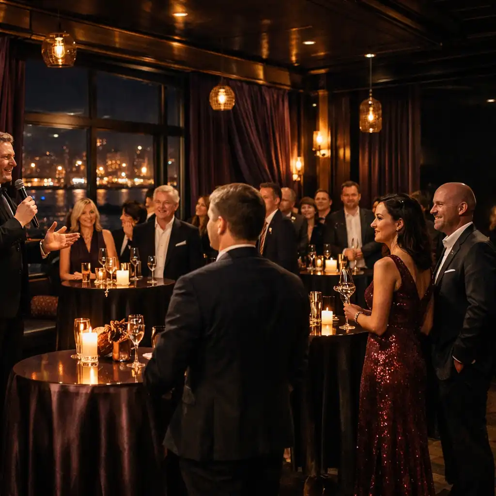 Geschäftlicher Abend mit Gästen, professionellem Host und warmer Lichtinszenierung in Hamburg