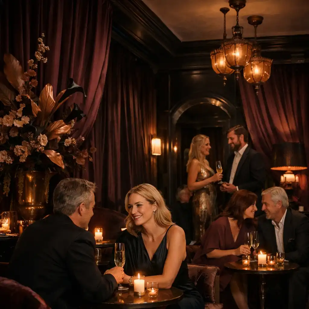 Gestalteter privater Salon mit dunklen Drapierungen, kleinen Kerzentischen und Gästen im Gespräch.
